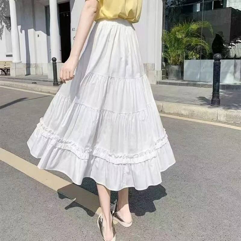 Casual Vintage Women Matching Chic Lady's White Sweet Girl's Cake Elastic Waist A-Line Mid Length Flare Skirt dongdumaoyi
