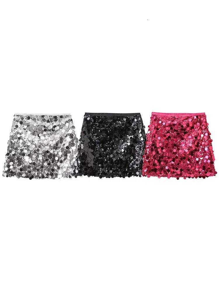 Willshela Women Fashion With Sequined Solid Side Zipper Mini Skirt Vintage High Waist Female Chic Lady Skirts dongdumaoyi