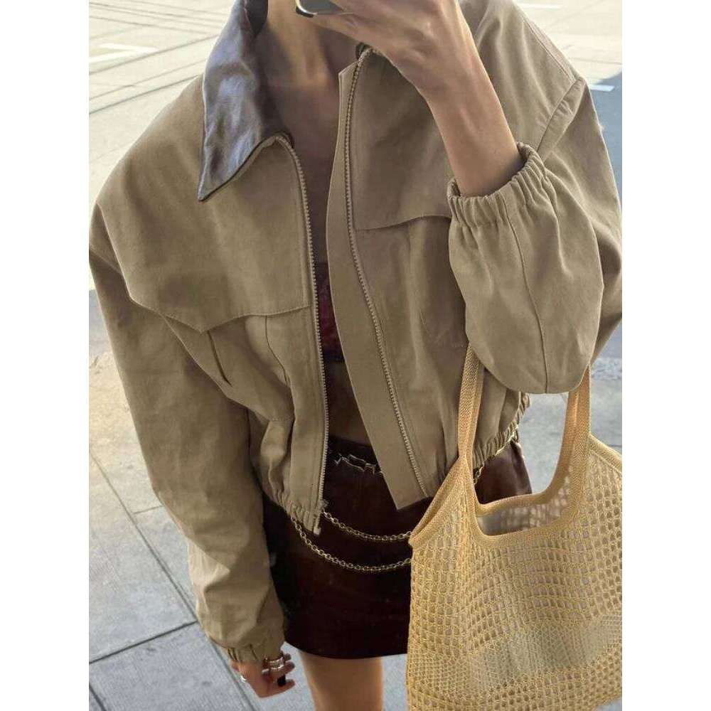 2025 Autumn Patchwork Lapel Long Sleeve Women Jackets Fashion Zipper Turn Down Collar Coats Lady Chic Pockets Outerwear Street