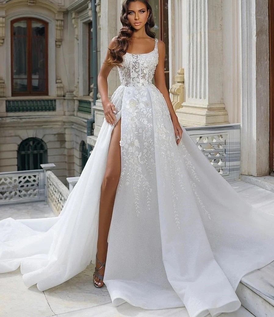 Sexy A Line Lace Appliques Wedding Dress 2026 Women Scoop 3D Flowers Lace Appliques Silt Boho Bridal Bride Gown Vestido de Noiva New