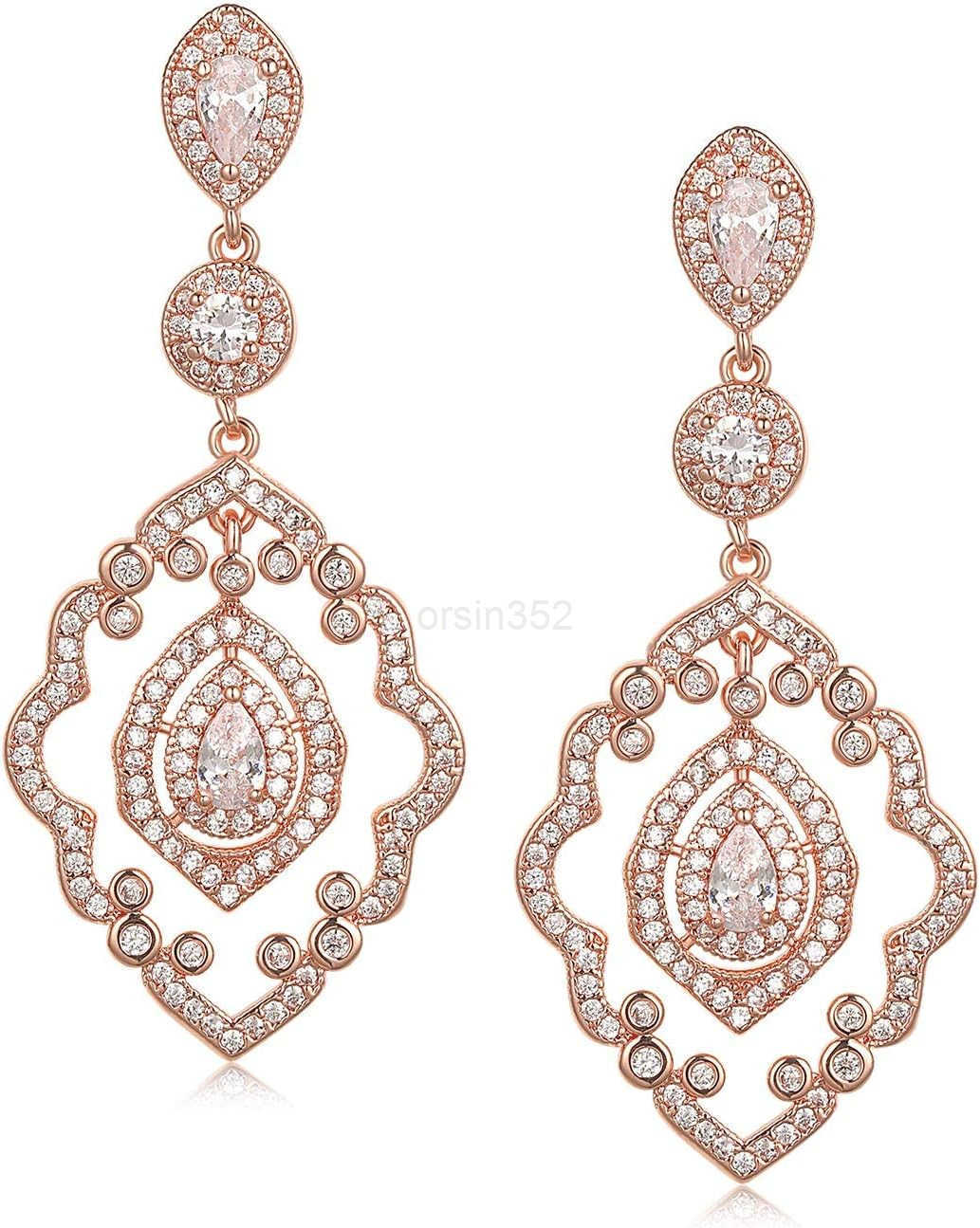 Wedding Earrings Rose Gold Bridal Earrings for Women BridesArt Deco Drop Dangle EarringsW250911