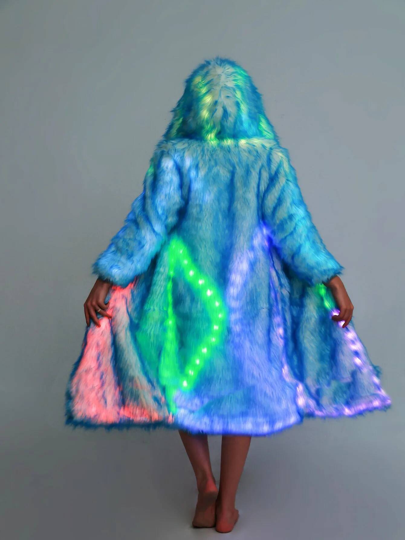 FHILLINUO Faux Women's Fashion Thick Fox Leather Led Light Up Rave Jacket Plus Size Especially Fake Fur Cold Coat