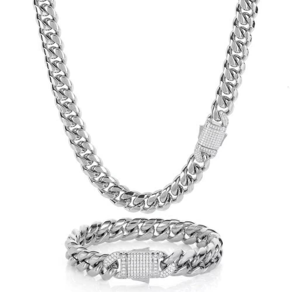 Unisex 10mm Cuban Link Necklace Micro Pave CZ Diamond Clasp Stainless Steel Chain Gold Plated Jewelry for Men and Womens Gift