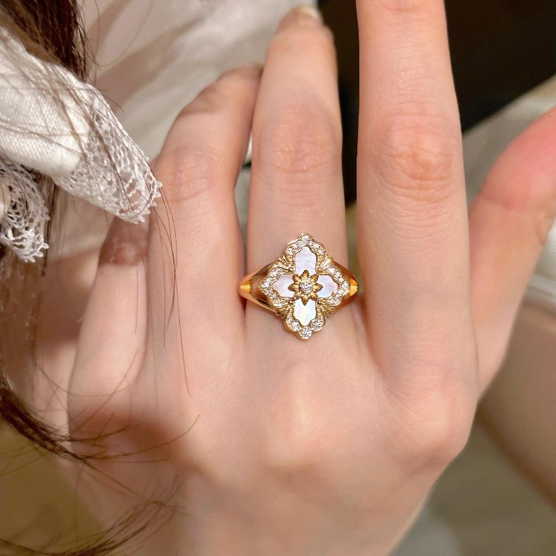 Luxury Brand Designer Jewelry Vintage Second-Hand Light Luxury High-End Pink Mother-Of-Pearl Four-Leaf Clover Ring Palace Style Sweet Versatile Exquis
