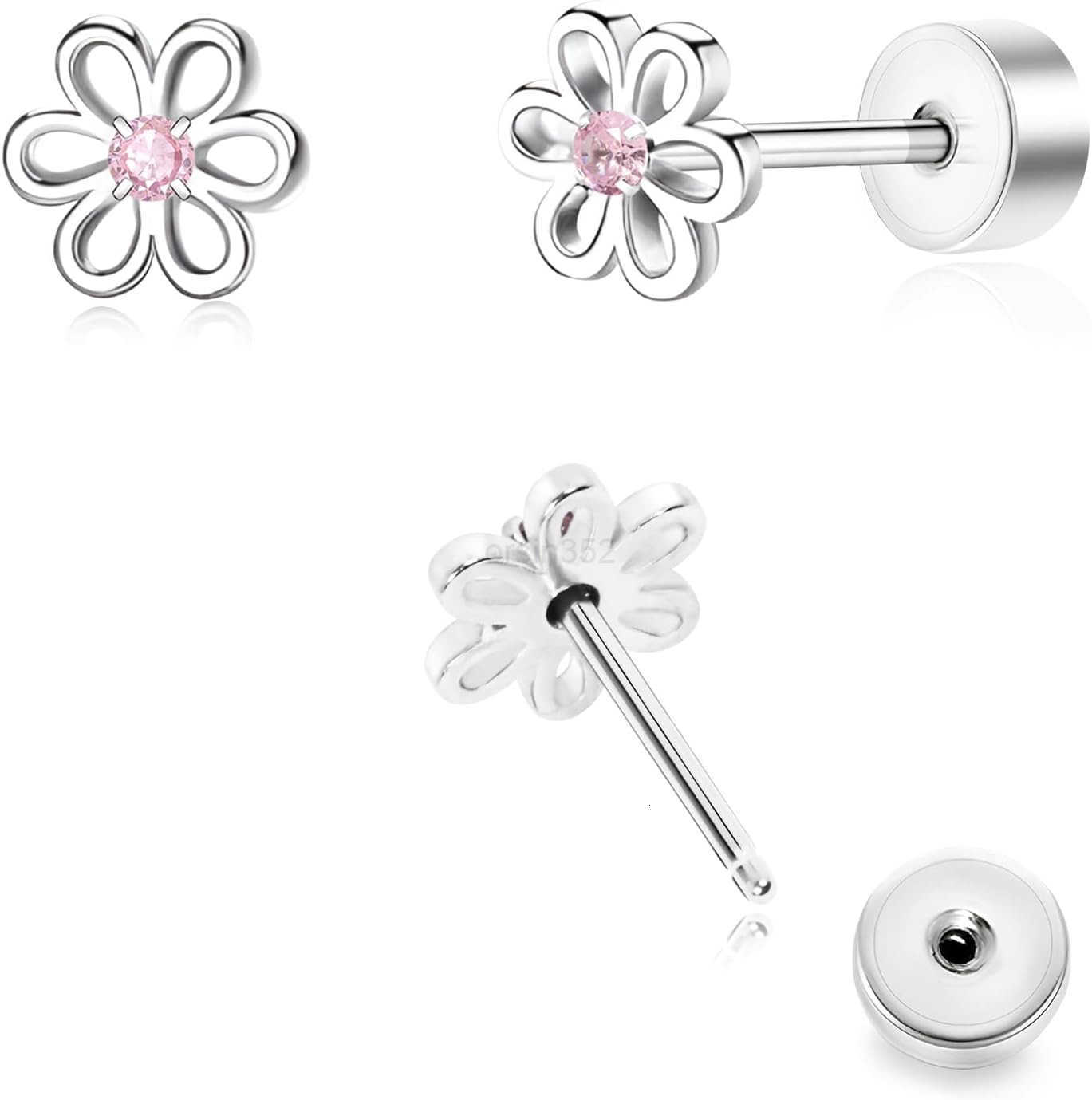 Earrings for Girls Pushin Titanium Hypoallergenic Threadless Flat Back Earrings for Women Sensitive Ears Cartilage Cute Small Pearl Star Flower Heart 