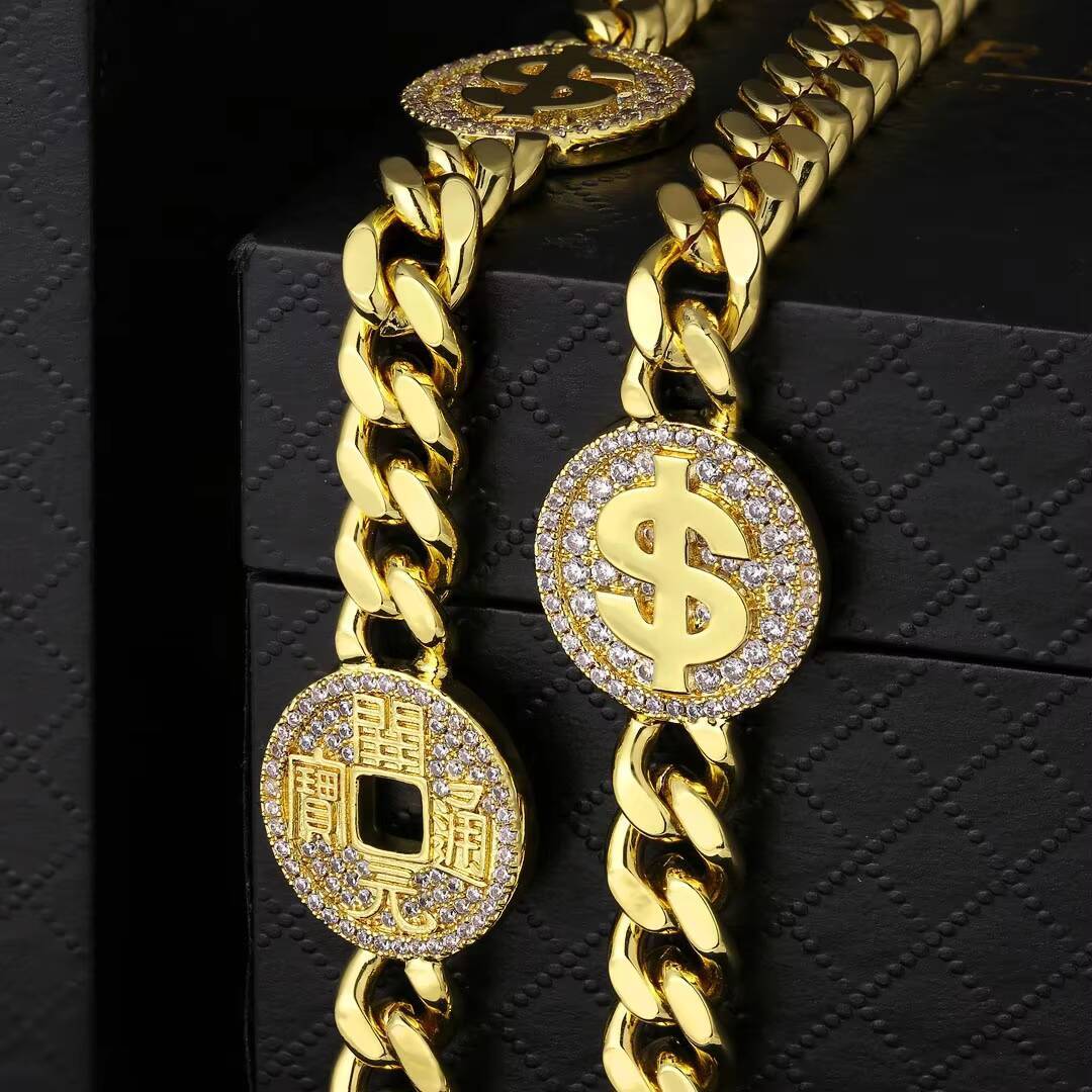 KRKC 14K Gold Plated 8mm Mini Dollar Coin Sign Cuban Link Chain Necklace