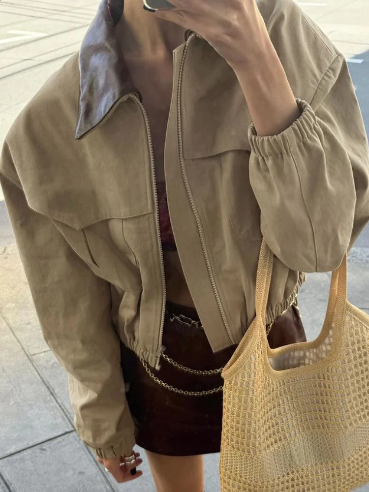 Autumn Patchwork Lapel Long Sleeve Women Jackets Fashion Zipper Turn Down Collar Coats Lady Chic Pockets Outerwear Street 250911