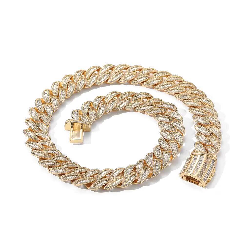Hip Hop 15mm Filled Real Gold Brass Moissanite Cuban Link Chain Iced Out Baguette Heavy Cuban Necklace for Wedding or Gift