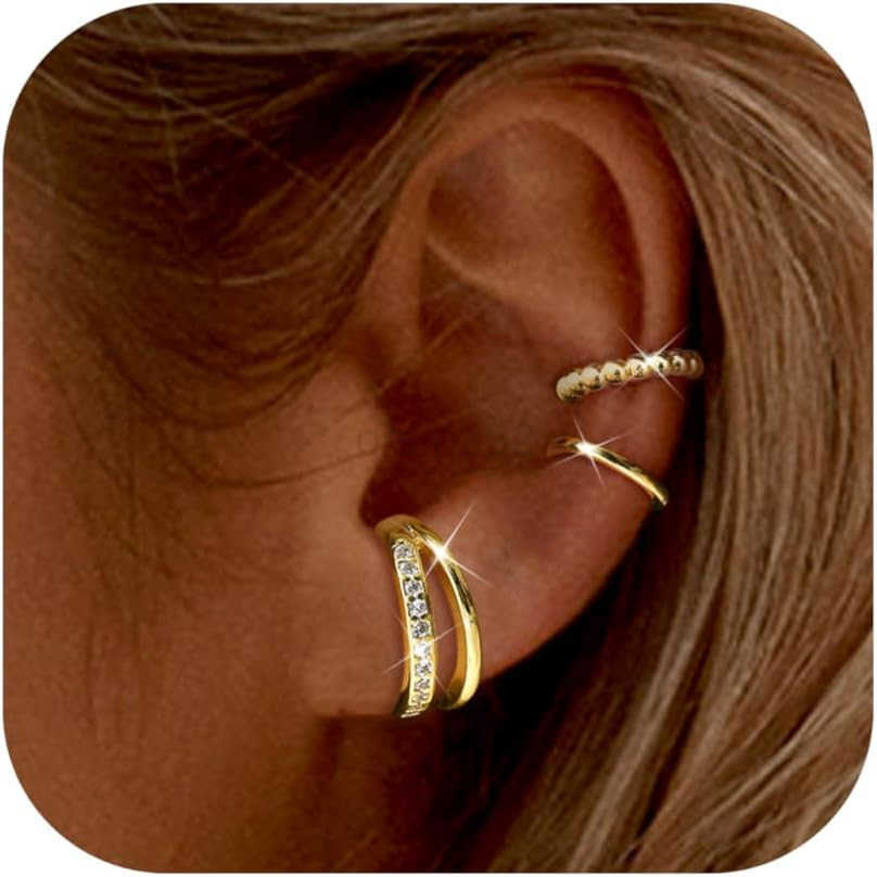 Ear Cuff Earrings for Women 14K Gold Plated Ear Cuffs Non Piercing Clip on Cartilage Earring Trendy Fake Earrings Hypoallergenic Huggie Hoop Clip Cuff