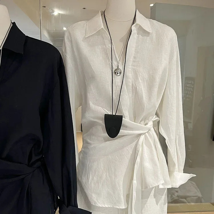 Loose Long Sleeve Womens Shirt Asymmetrical WaistCinching French Preppy Style Relaxed Fashion n Casual Top 250911