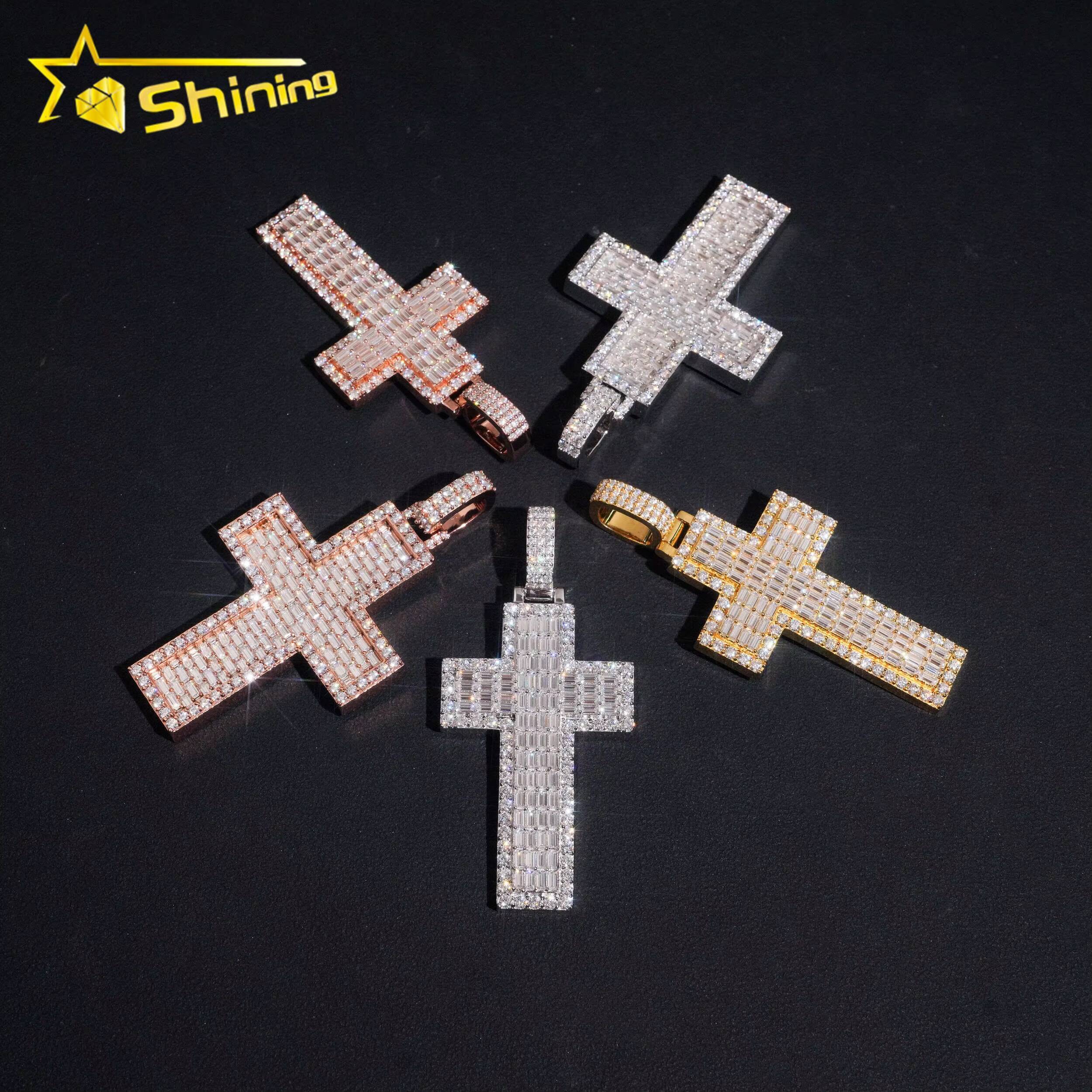 Pass Diamond Tester Baguette Diamond 925 Silver Iced Out Mens Cross Moissanite Hip Hop Pendant