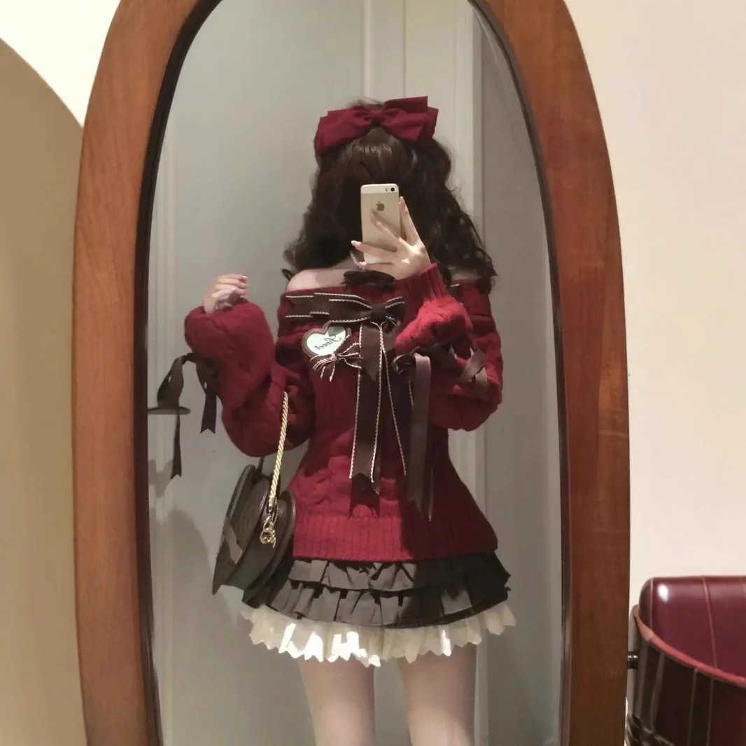 Chirstmas Knitted Sweater Women Winter Off Shoulder Red Pullover Y2k Vintage Clothing Slim Fit Jumpers Casual Long Sleeve Korean M250911