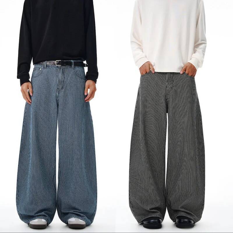 2025 Autumn/Winter Retro Stripe Printed Jeans for Men, Loose Straight Tube Curved Knife Version, Versatile Couple Long Pants