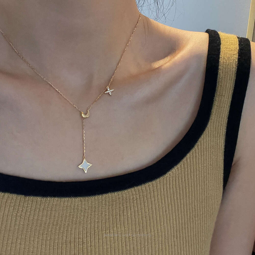 S Pure Sier Gold-Plated Star Moon White Shell Pendant Tassel Necklace for Women Elegant and Exquisite Collarbone Chain