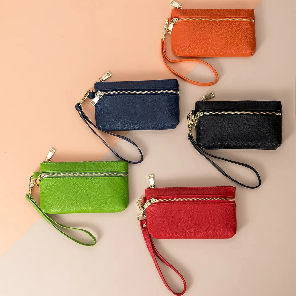 Womens Wallets Ladies Small Genuine Leather Zipper Purses Large Capacity Cowhide Money Bag with Wrist Strap Coin Card Holders250906