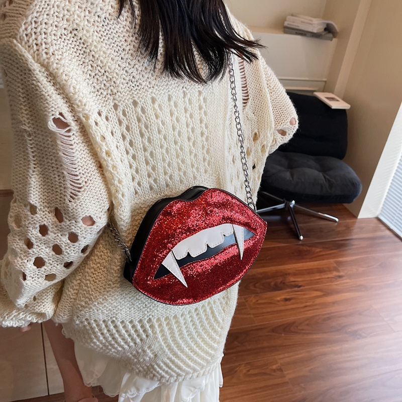 Halloween Autumn New Red Lips, Sharp Teeth, Personalized Style, Niche Design, Trendy Fashion, Women's Shoulder Bag, Designer Bag
