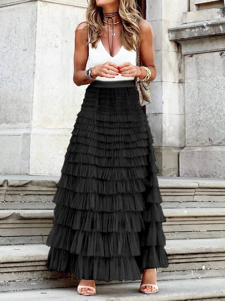 Solid Multilayer Ruffle Mesh Women Boho High Waist Long Maxi Tulle Skirt Spring Summer Party Women's Clothing dongdumaoyi
