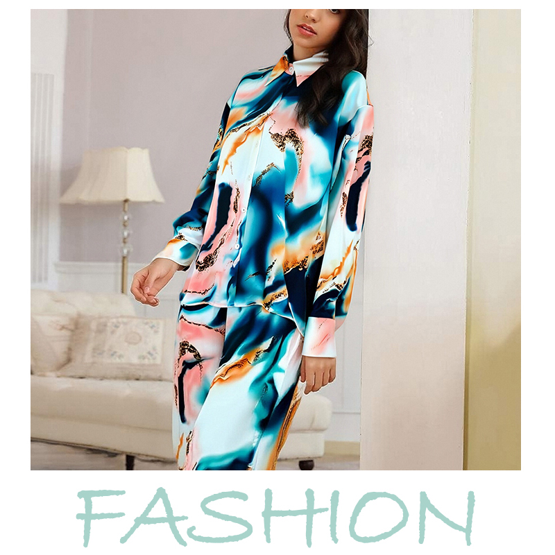 Women's Sleep & Lounge Women's Silk - like Pajama Set with Colorful Abstract Print - Long Sleeve Shirt and Wide - leg Pants