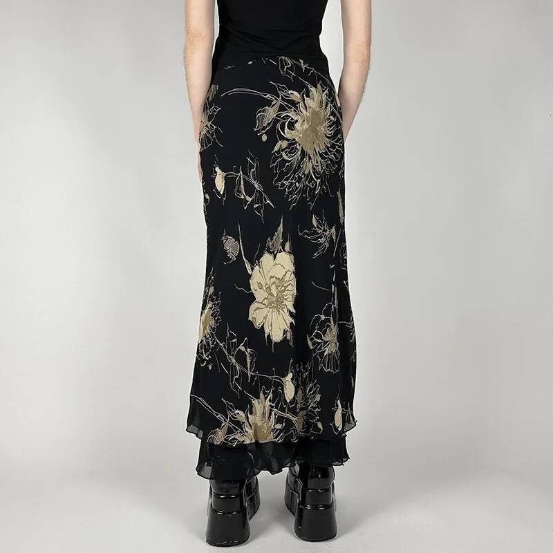 Goth Dark Y2K Aestheics Double Layer Mesh A-line Skirt Women Fashion Florals Print Slim Skirts Fairy Streetwear Gothic Bottoms dongdumaoyi
