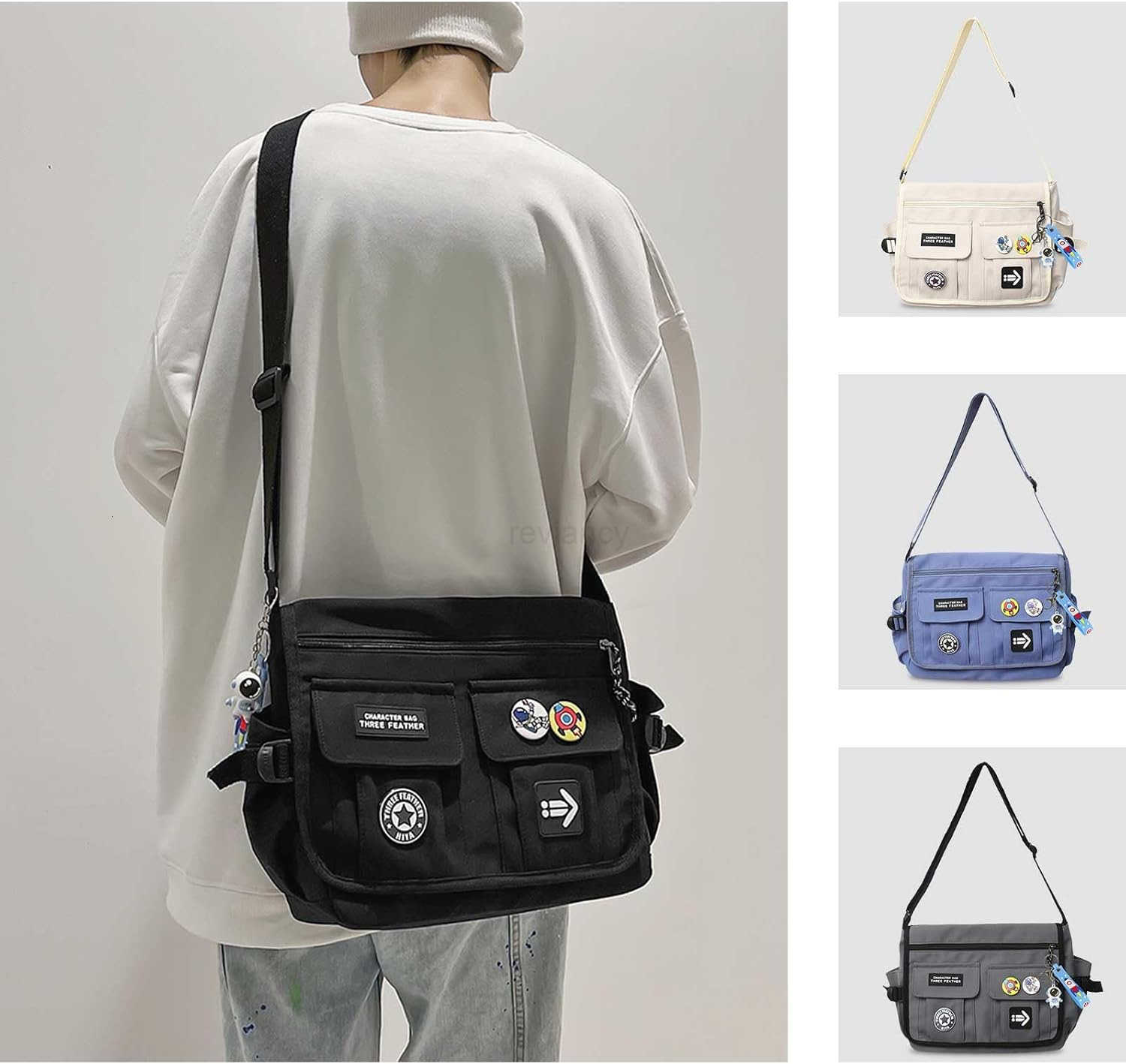 Fashion Crossbody Bag with Cute Accessories Nylon Casual Messenger Bag with Pendant Lightweight Handbag Travel Daypacks BlackW250911