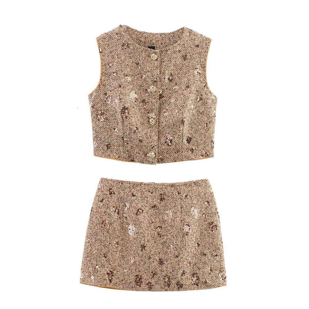 DHEssentials INS Sequin Half Short Skirt French Slim Fit Beaded Embroidery Tweed Little Chanel Style Two-Piece Set