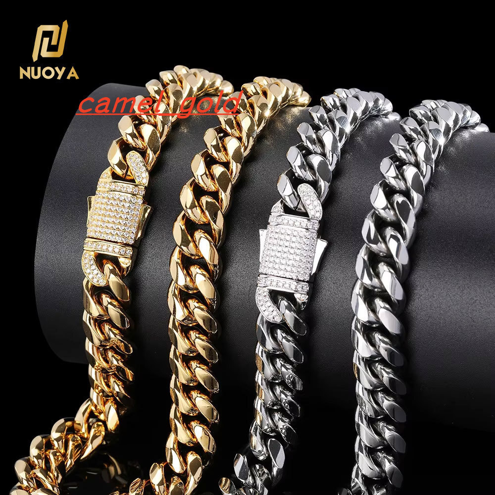 NUOYA 18k Gold Plated 10mm 12mm Mens Miami Stainless Steel Cuban Link Chain Necklace Men Jewelry Cuban Links