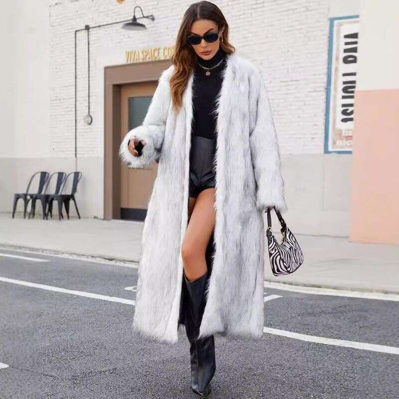 Women's Clothing Fashion V Neck Long Fur Female Autumn And Winter New Plush Warm Coat