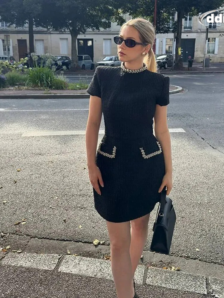 Women's Elegant Tweed A-line Vestidos Solid Slim Fit Shoulder Pad Short Sleeve Party O-neck Patchwork Evening Dress ddmysept TUES