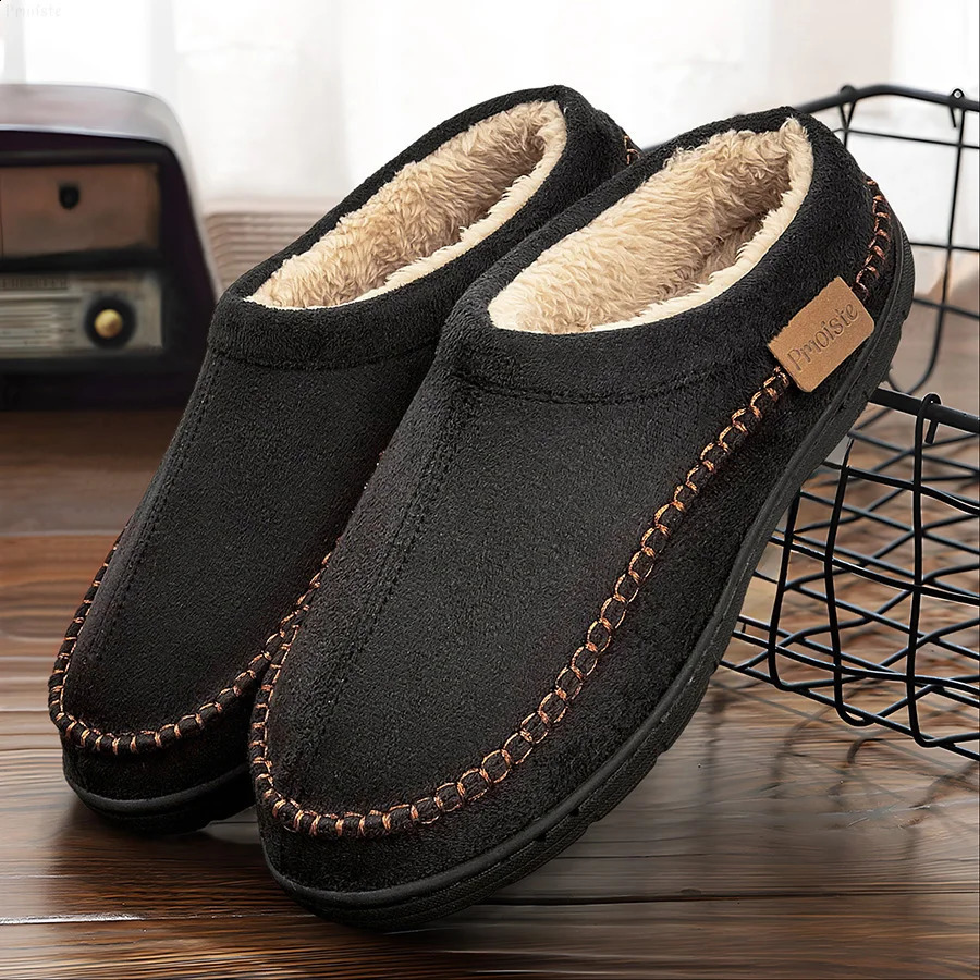 Winter Mens Slippers Memory Foam Plush Warm Cozy Vintage House Shoes Suede Sewing er Casual Slipper IndoorOutdoor250906