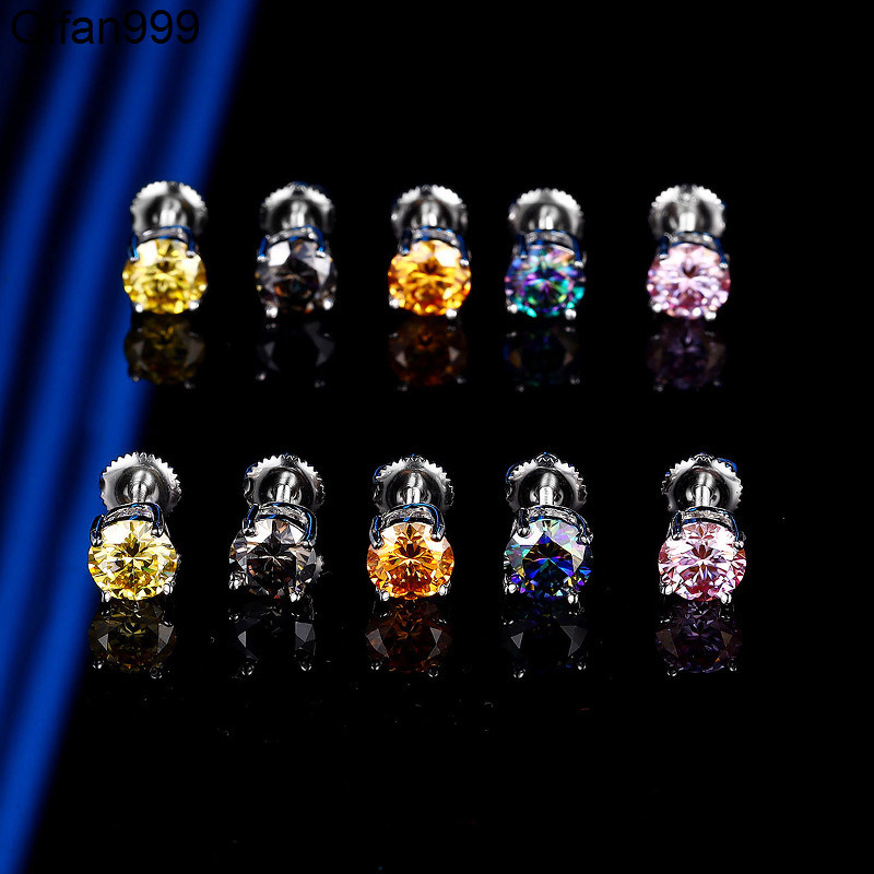 Wholesale 925 Silver Four Claw Inlaid Color Moissanite Earrings Ladies Screw Earplugs Simple Earrings