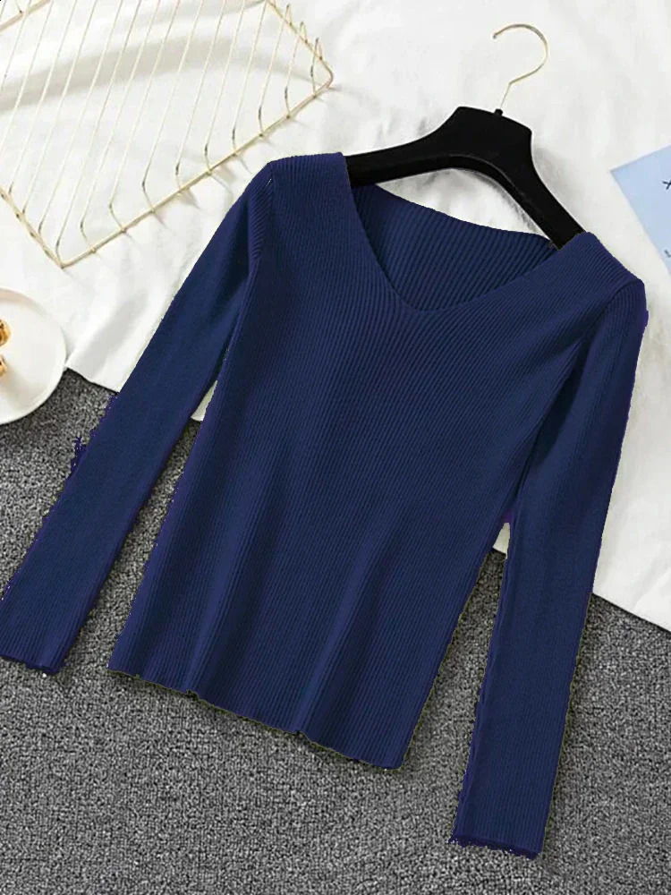 Women Sweater Autumn Knitwears Winter Long Sleeve Pullover Basic Top Fashion Vneck Elastic Female Solid Knitted Jumper 250911