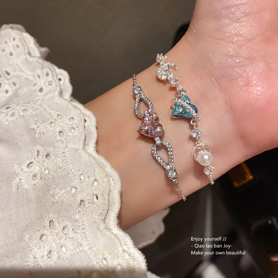 Silver - Toned Bracelet With Pink Heart - Shaped Crystal, Sparkly Pave Accents Delicate Daily & Romantic Jewelry Gift For Her High Quality And Elegant