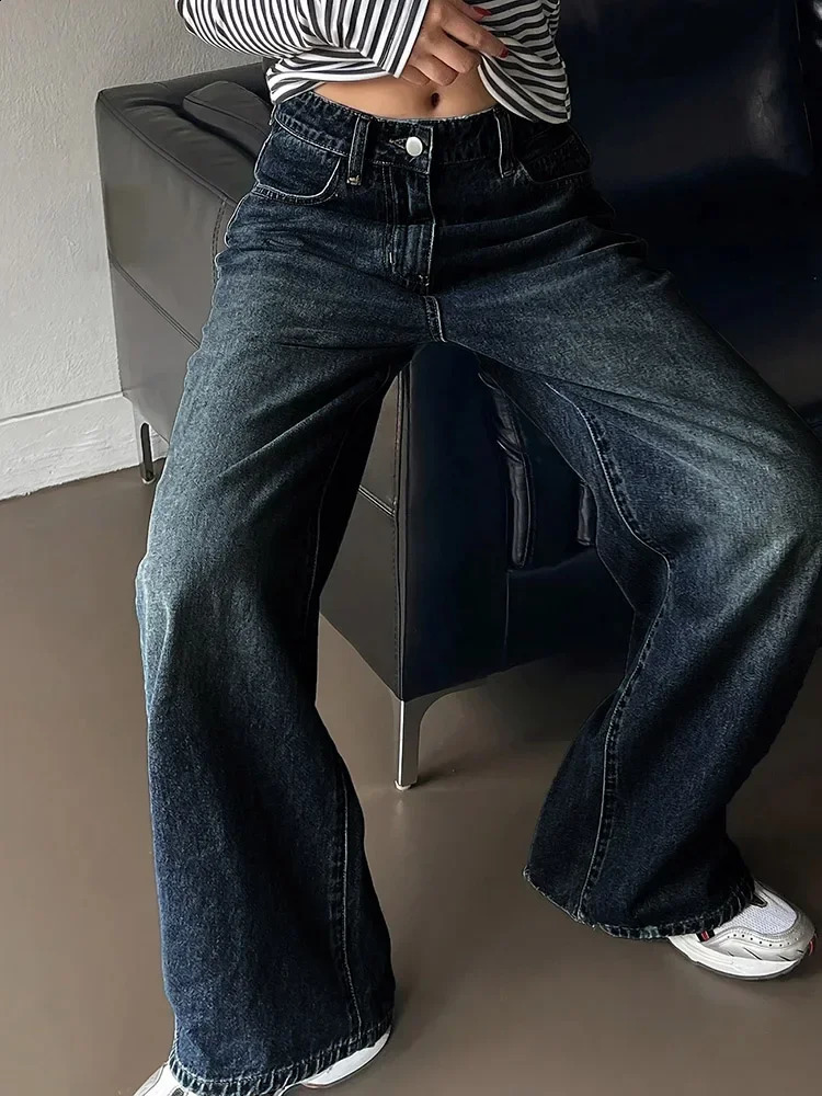 Female Stretchy Wide Leg Hip Hop Y2K Streetwear Denim Pants Vintage Fashion High Waist Jeans Lady Straight Casual Trousers 250911