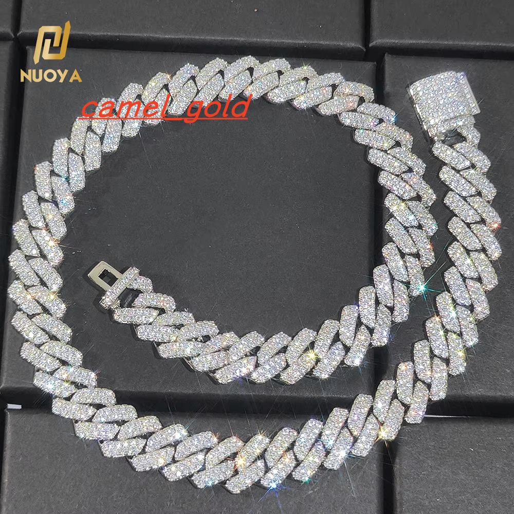NUOYA 14mm Iced Out Prong Cuban Link Chain Silver Plated Brass Hip Hop Diamond Cuban Chains Necklace for Womens Fine Jewelry
