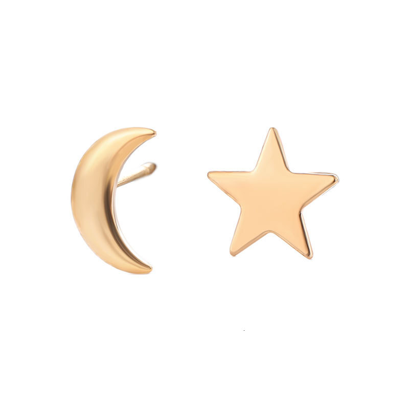 Ins Simple Star Moon Fashionable Personality Asymmetric Pentagram Crescent Small Earrings