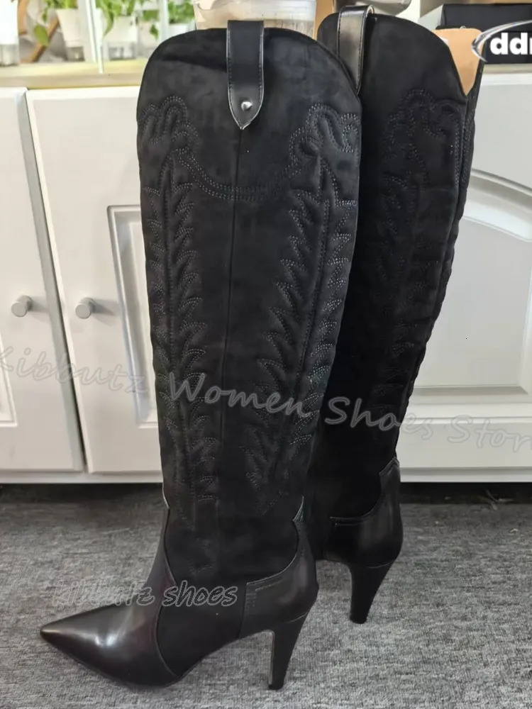 Totem Cowboy Knee High Boots Vintage Concise Elegant Fashion Slip-On Pointed Toe Thin Heels Women Shoes New Solid Color TUES