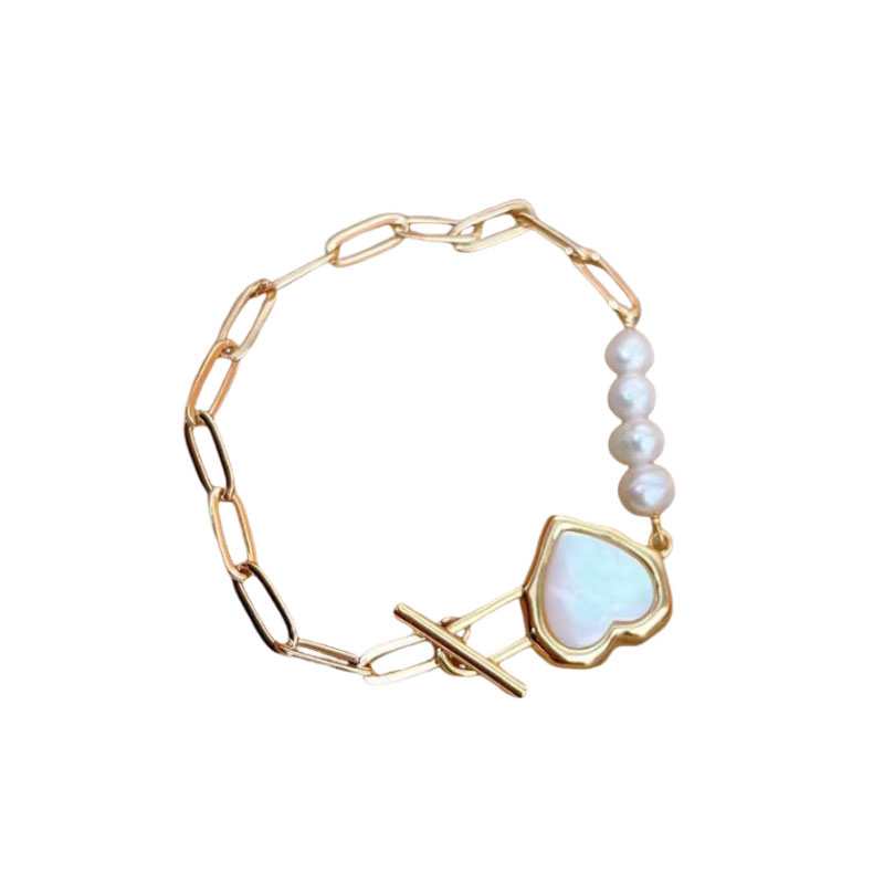 yeyipearl Heart OT Clasp Pearl Bracelet, Gold Plated with Mother of Pearl Charm, Dainty Adjustable Stainless Steel Jewelry for Women, Romantic Daily W