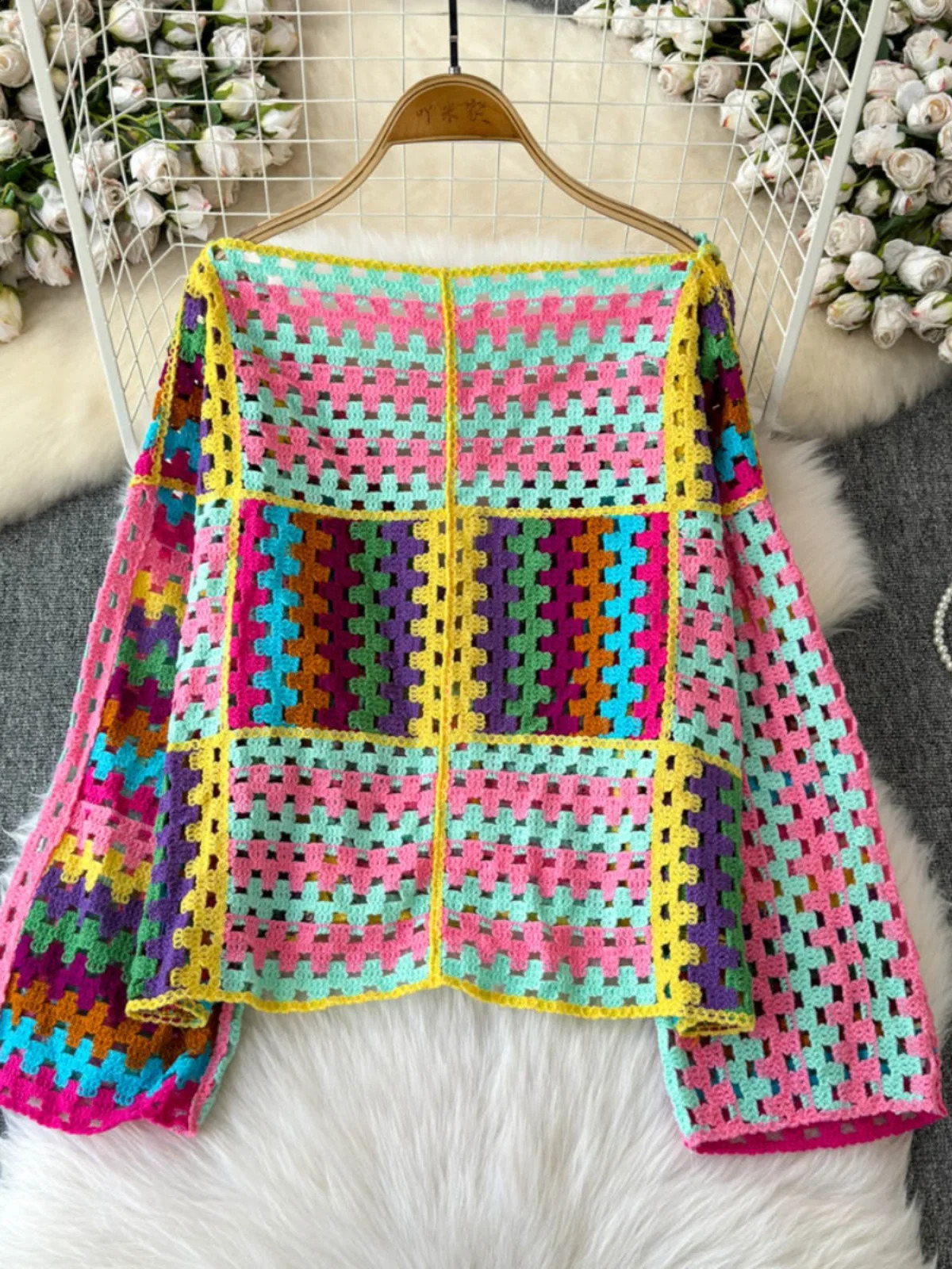 Multicolor Crochet Cardigan Women Sheer Openwork Patchwork Knit Open Front Sweater Jacket Boho Beach Vacation Festival Outfit 250910