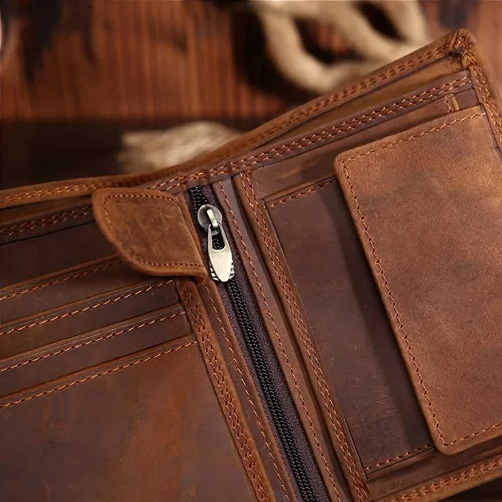 Vintage Mens Genuine Leather Wallet with Multiple Card Slots Large Capacity Vertical ID Holder Zippered Compartment W250911