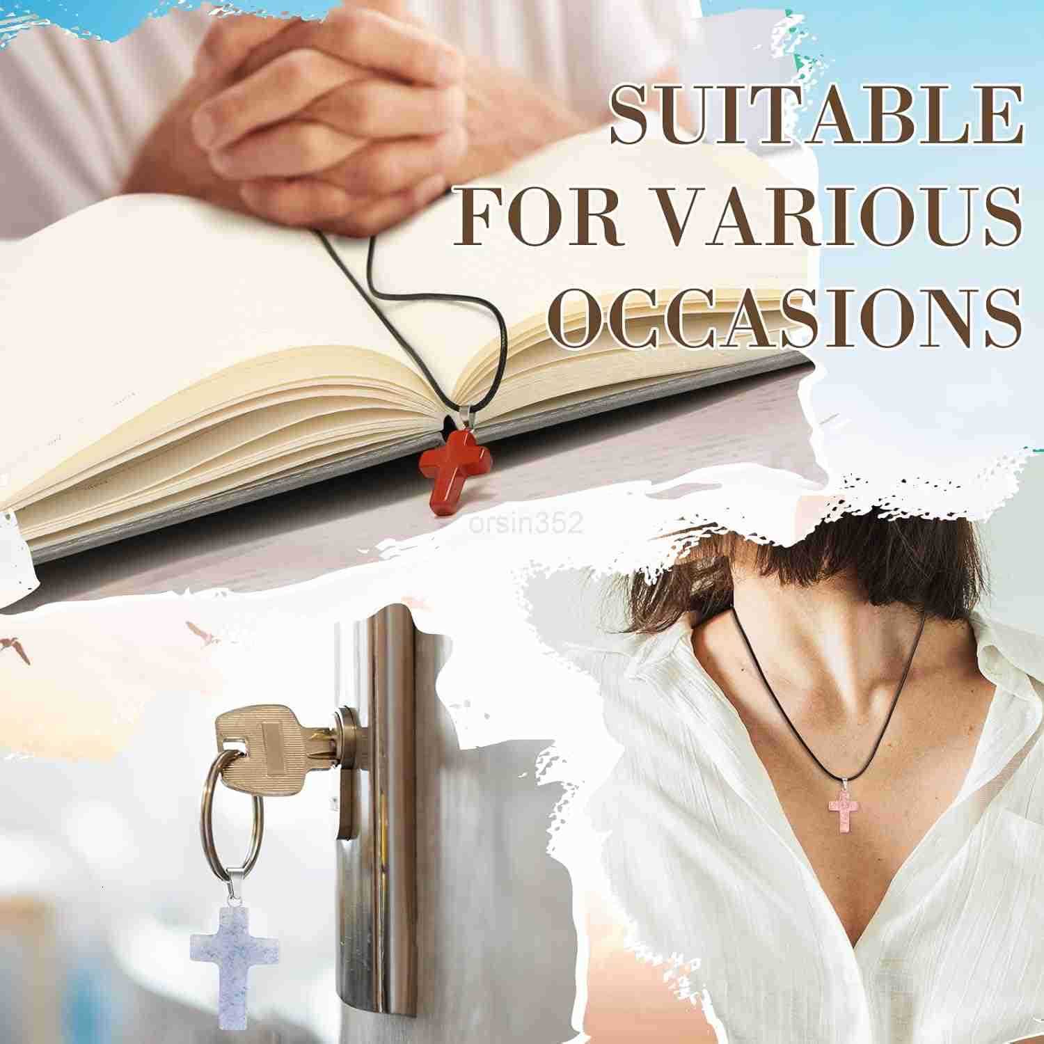 Cross Charms for Jewelry Making Natural Stone Cross Gemstone Pendant Quartz Crystal Charm with Leather Chain and Christian Card for DIY Necklace Earri