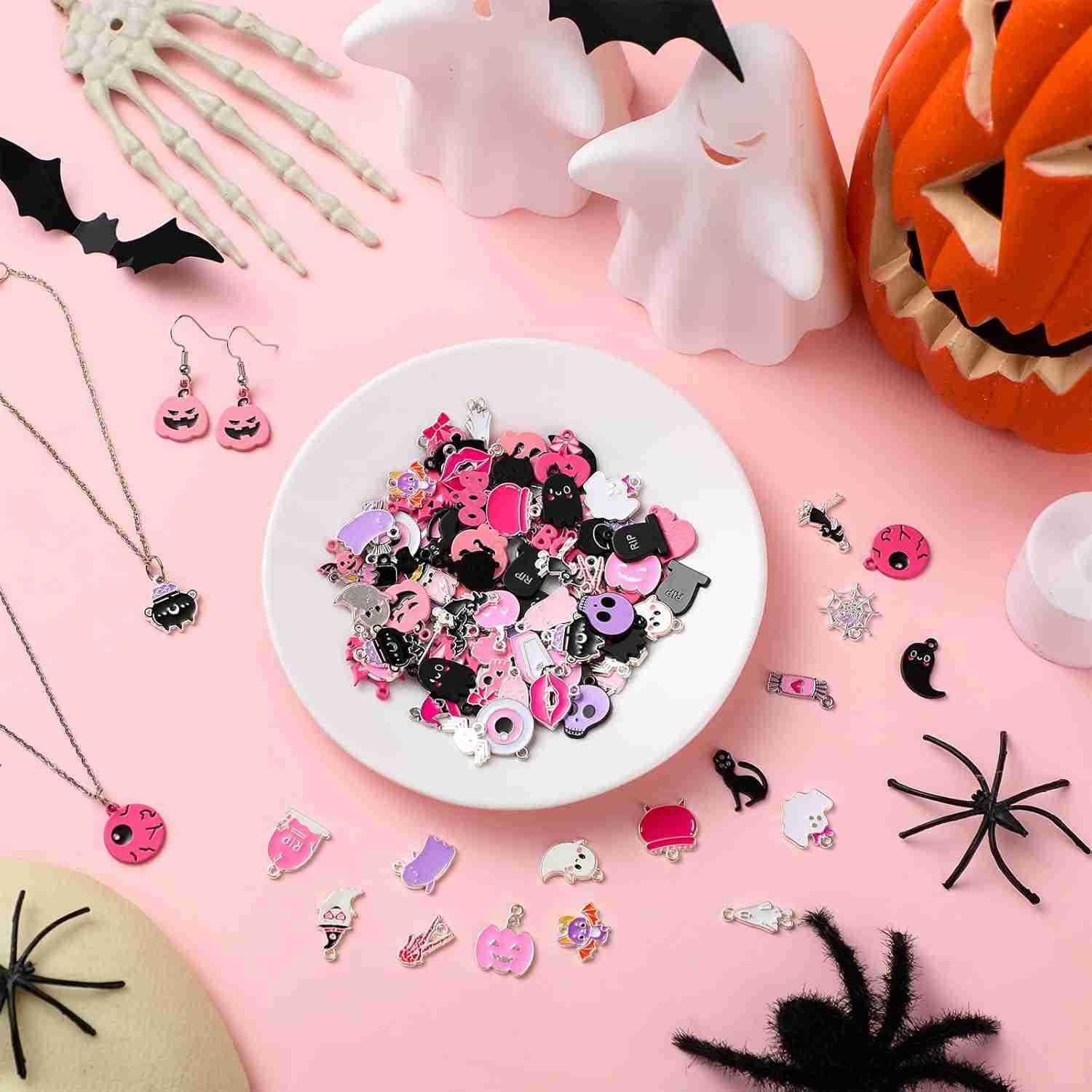 150 Pcs Pink Halloween Charms Bulk for Jewelry Making Halloween Alloy Assorted Pendant Charms for Jewelry Making Earring Necklace DIY CraftW250911