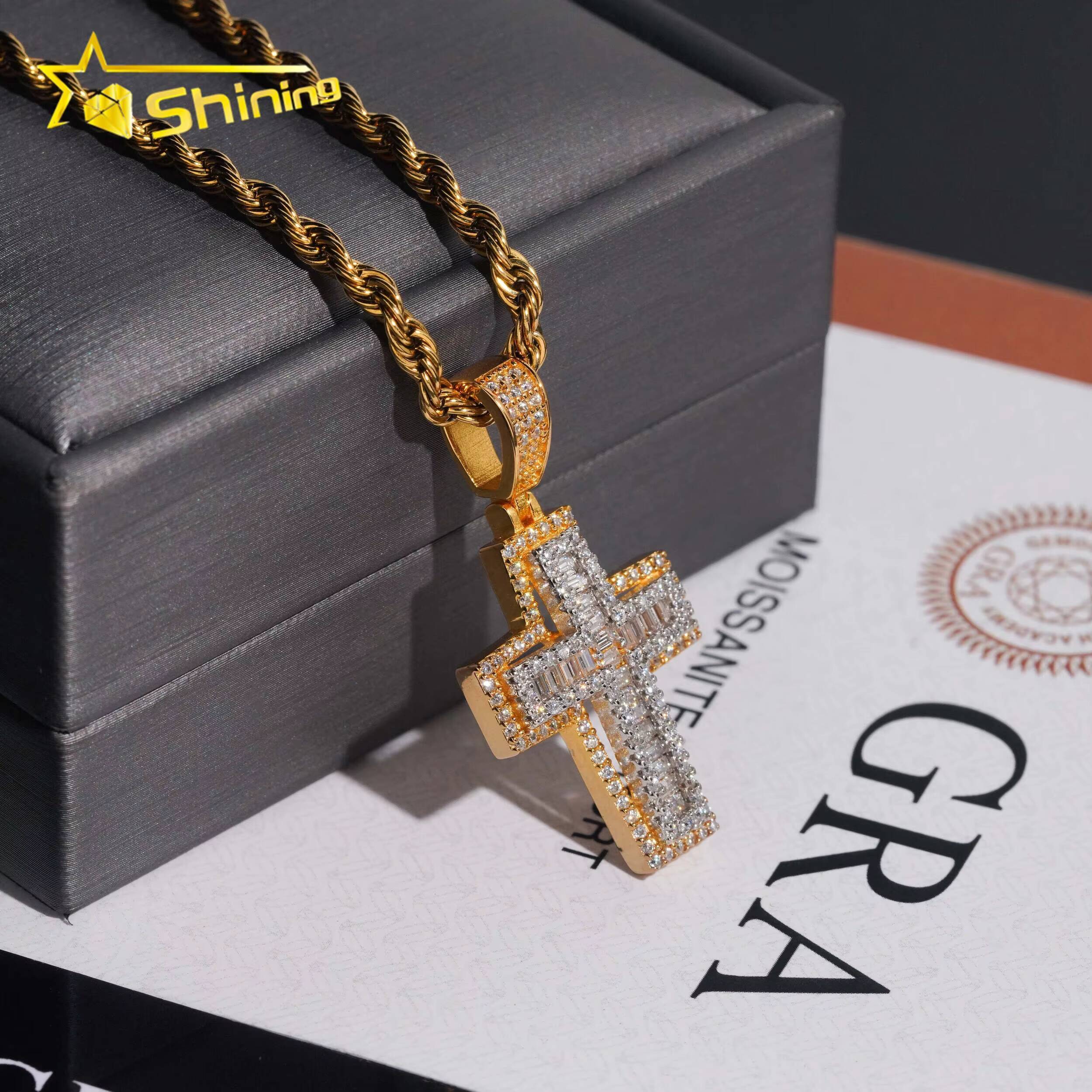 New Design Pass Diamond Tester Fashion Hip Hop Pendant Jewelry 925 Silver VVS Baguette Moissanite Diamond Cross Pendant Necklace