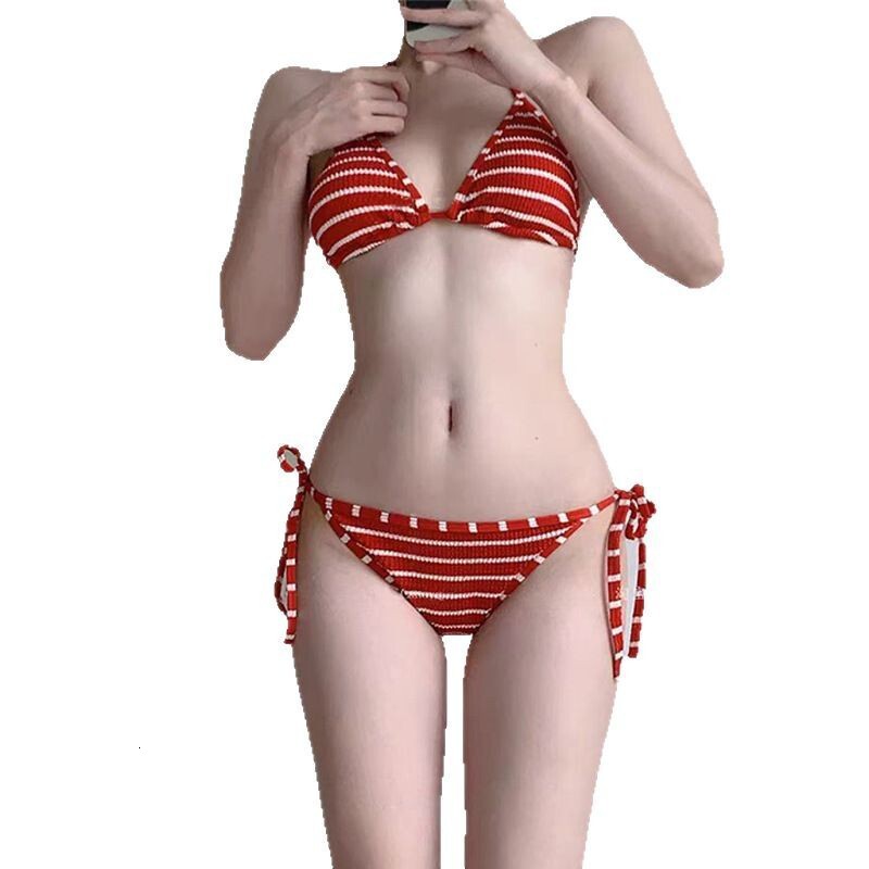 2025 New Bikini Swimsuit for Women Striped Halter Neck Strapless Sexy Pure Desire Simple Beach Vacation Swimwear