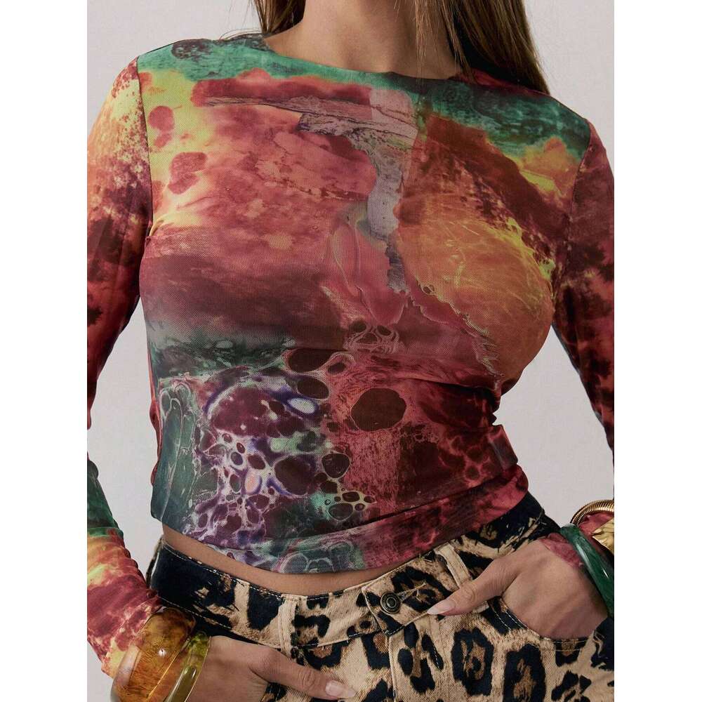 Europe And The United States Women's Spring New Mesh Tie Dye Trend Round Neck Long Sleeve Top Crop Tight T-Shirt