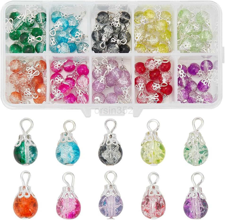 100pcs Crystal Dangle Charms Crackle Glass Drop Beads Charms 10 Color Dangle Bead with Silver Bead Cap Drops Beads Charms Pendants for Jewelry Making 