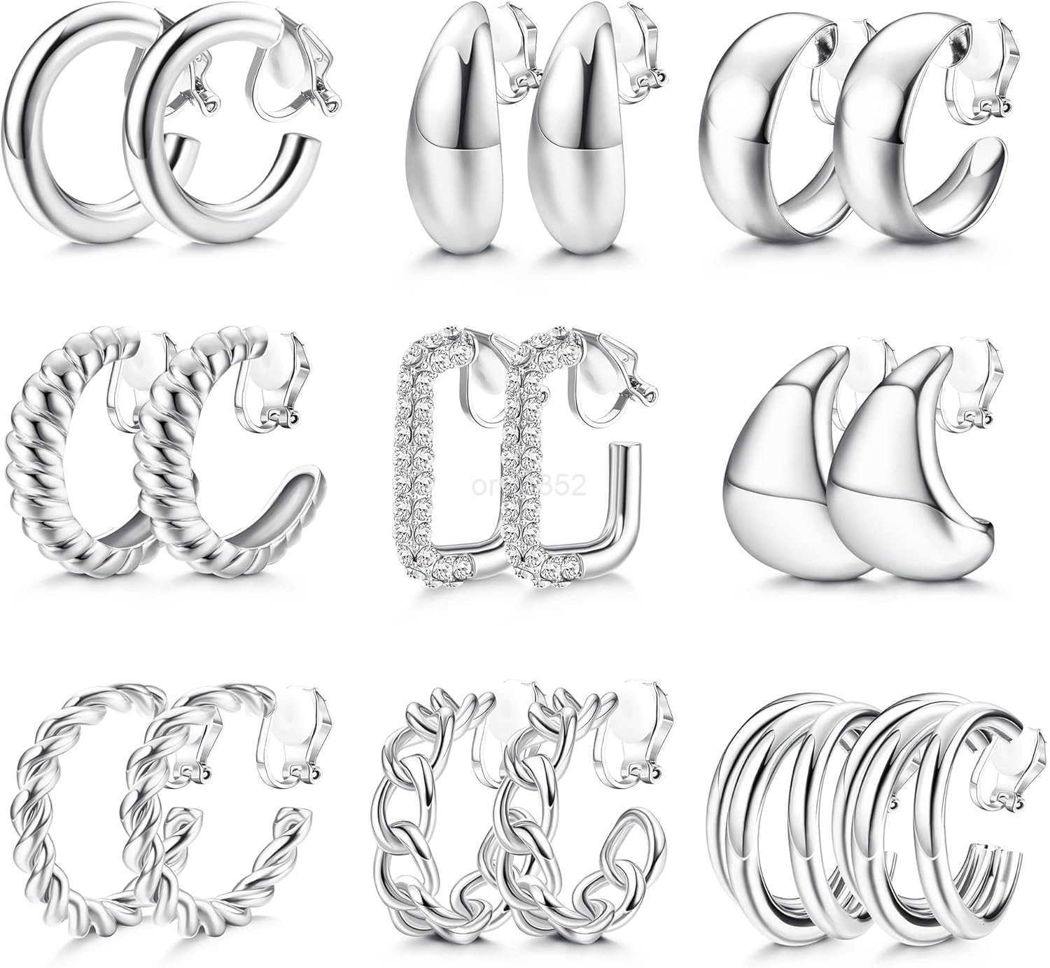 9 Pairs Gold Clip on Earrings for Women 14K Gold Plated Waterdrop Chunky Clip on Hoop Earrings No Piercing Fake Earrings SetW250911