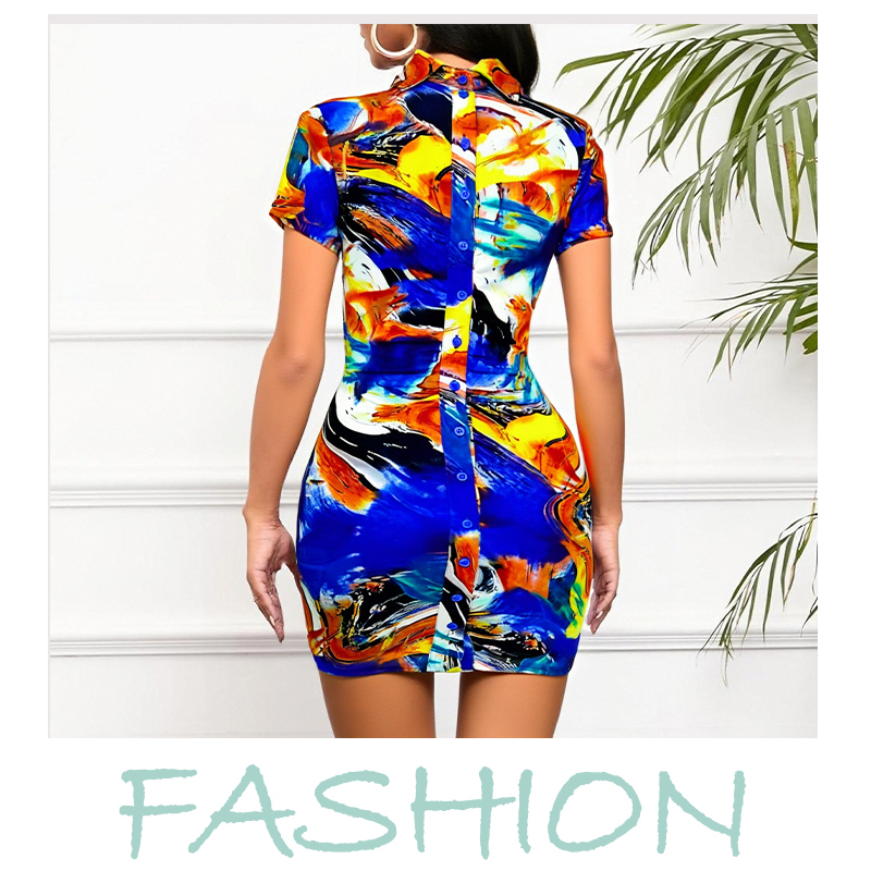 Urban Sexy Dresses Women's Short Sleeve Shirt Dress with Colorful Abstract Print - Bodycon Style