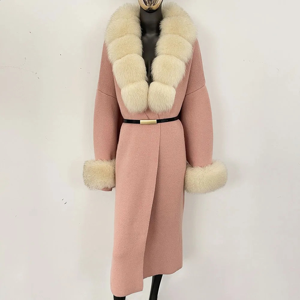 Long Knitwear Coat Women Warm Belt Real Fox Fur Jacket Female Autumn Winter Kintted Natural 250911