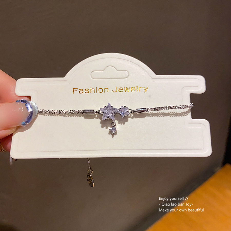 Silver - Toned Bracelet With Star - Shaped Crystal Details, Dainty Hanging Accent Delicate Daily & Dreamy Jewelry Gift For Her High - Quality And Eleg