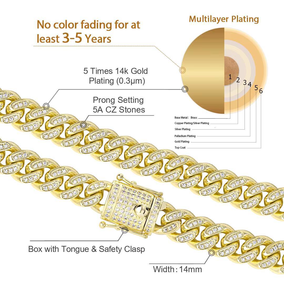 High Polished Jewelry 14mm 1826inch Sliver 18K Gold Plated Choker Stainless Steel Iced Out Cuban Link Chain Necklace Men